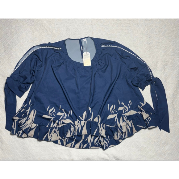 NWT Navy Blue & Silver Flowy Ruffle Cold Shoulder Floral Crewneck Top Size XL - Picture 3 of 7